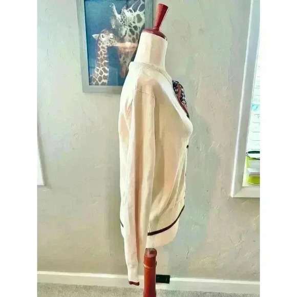 Euro Style Soft Cream Cardigan Button Up With Scarf Tie Brown Trim Size S - Picture 5 of 7